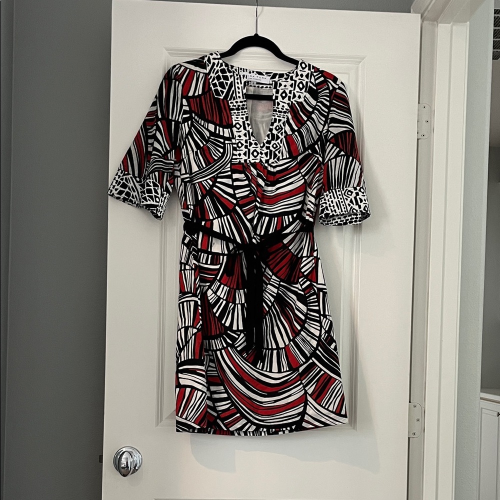 Trina Turk Red and Black Patterned Midi Dress